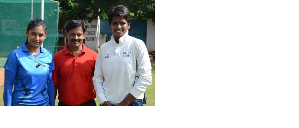 Cricketer Mithali Raj with SCR cricket coach R.S.R. Murthy and Arundhati Reddy, who has been selected for India T-20 Internationals in Sri Lanka, in Hyderabad.  