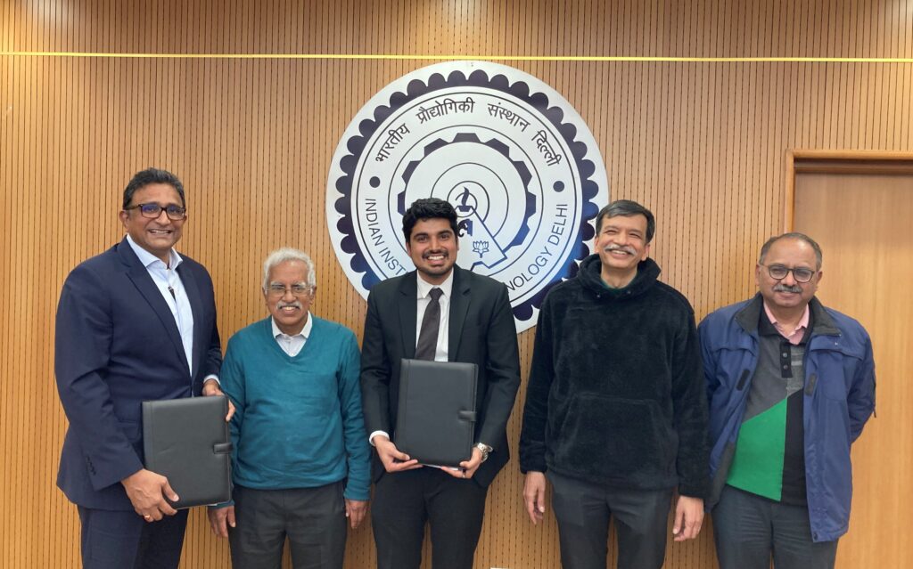 OnBoard' MoU Signing Ceremony (From Left to Right: Prashanth Doreswamy, President & CEO, Continental India; Prof. M. Balakrishnan, Honorary Professor, CSE Dept., IIT Delhi; Pulkit Sapra, Director, Raised Lines Foundation; Prof. Rangan Banerjee, Director, IIT Delhi; Prof. P.V. Madhusudhan Rao, Mechanical Engineering Dept., IIT Delhi)